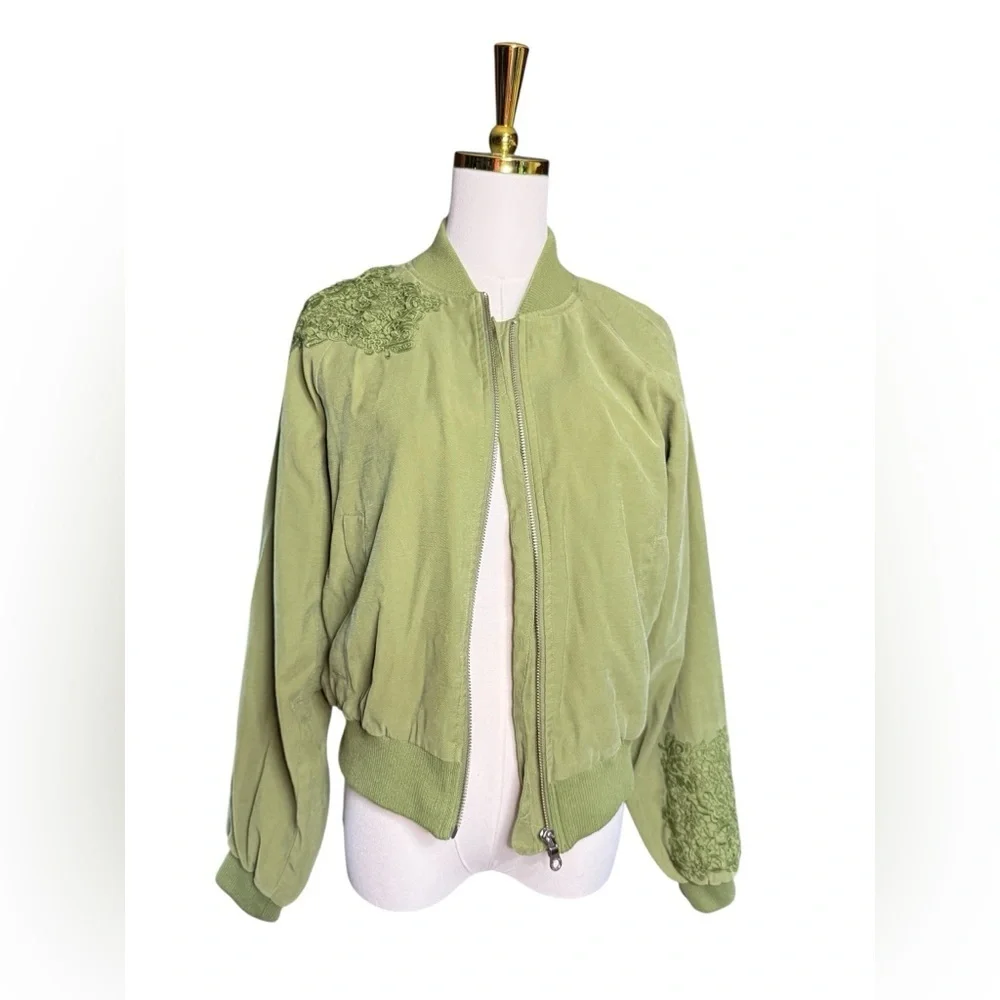 Jessica Simpson Crotchet Trim Olive Green Bomber Jacket Size S